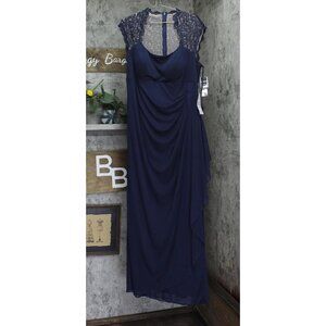X By Xscape Plus Size Ruched Lace Gown Dress XC121W Navy Blue 14W